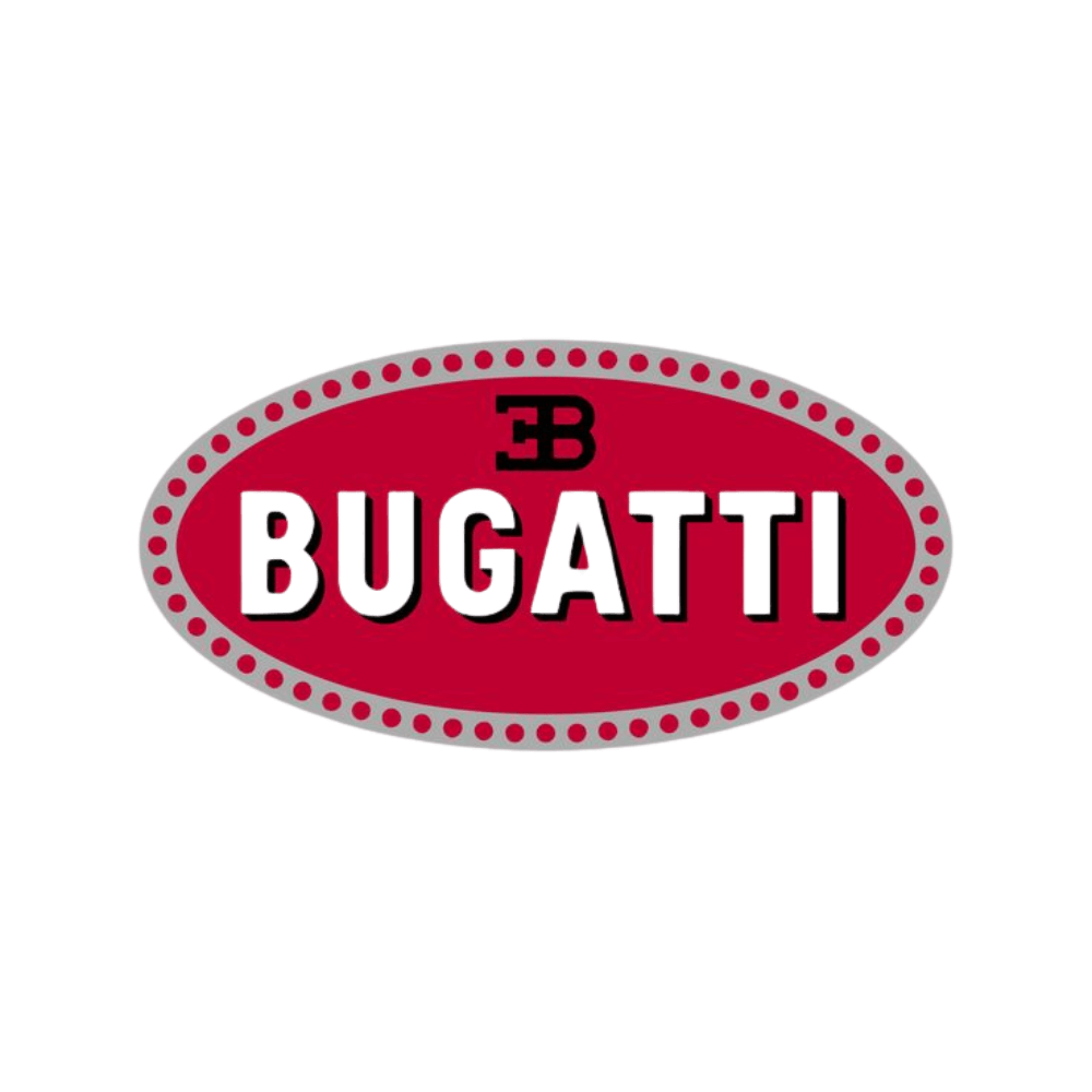 Bugatti logo featuring a red oval with white lettering and the iconic EB initials, symbolizing speed and elegance.