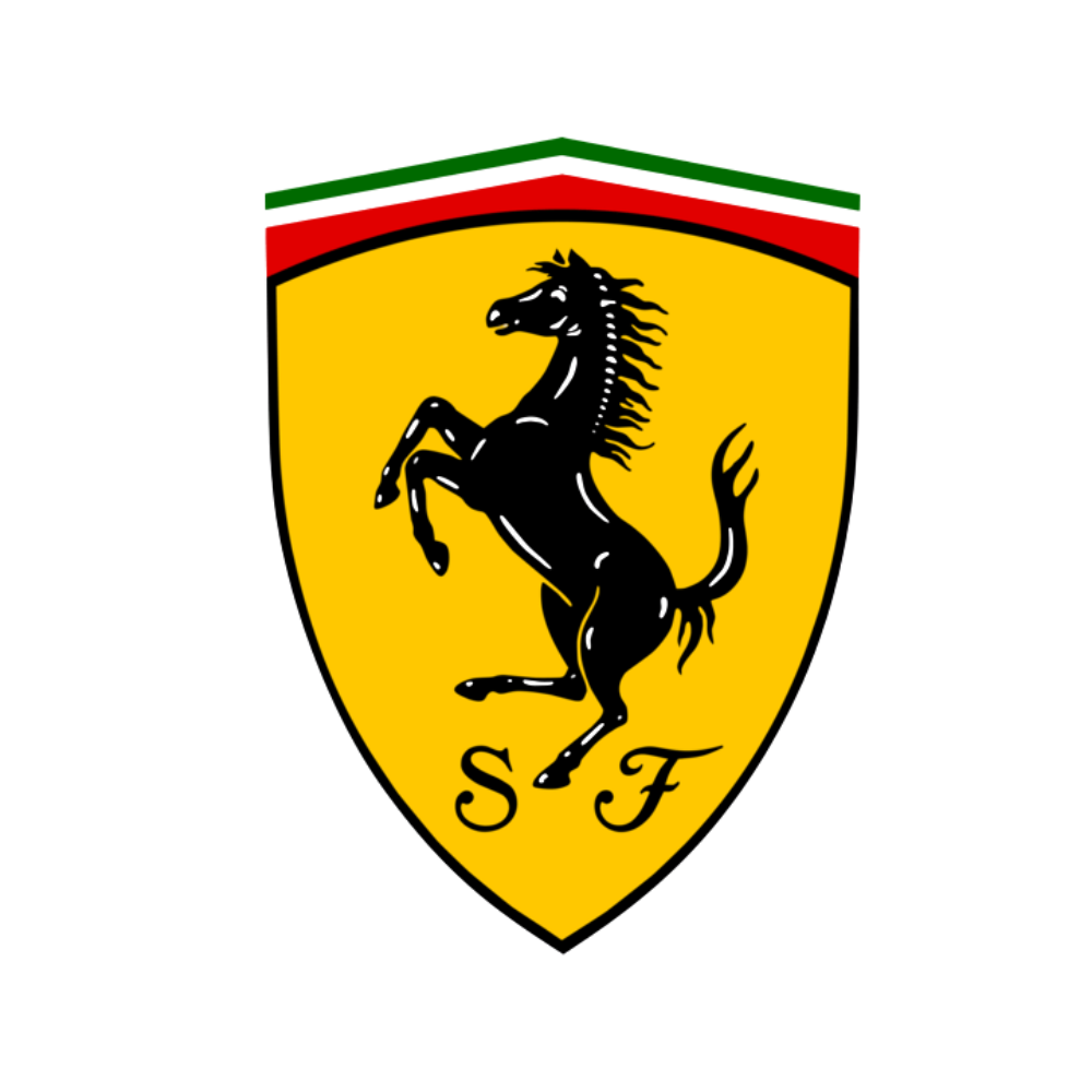 Ferrari logo featuring a black prancing horse on a yellow shield with Italian flag colors and “S F” initials.