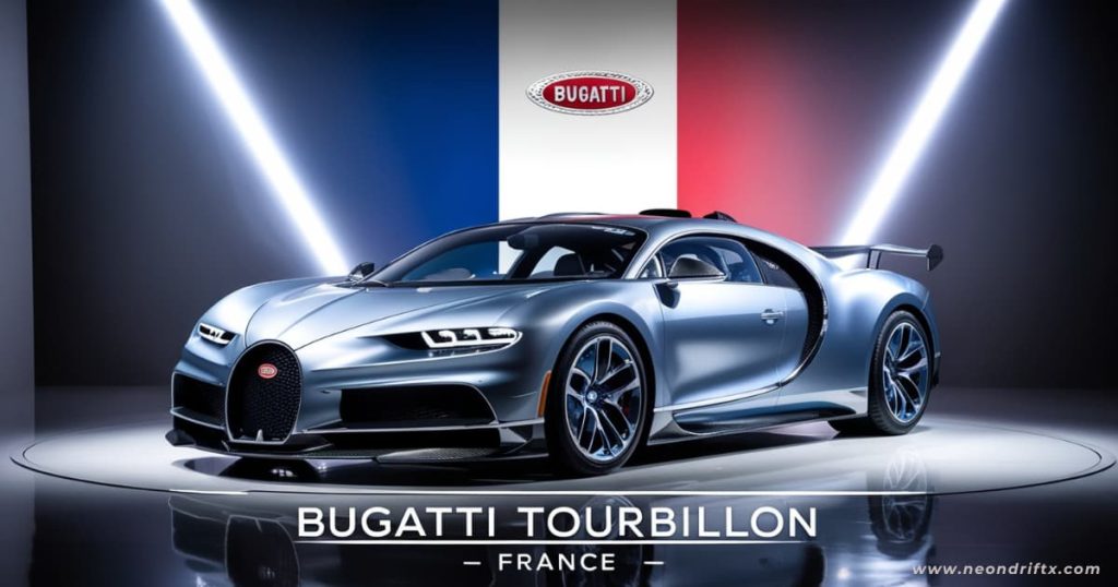 Top 5 Best Cars – Bugatti Tourbillon 2025 front angle view with blurred Bugatti logo and French flag background, cinematic lighting