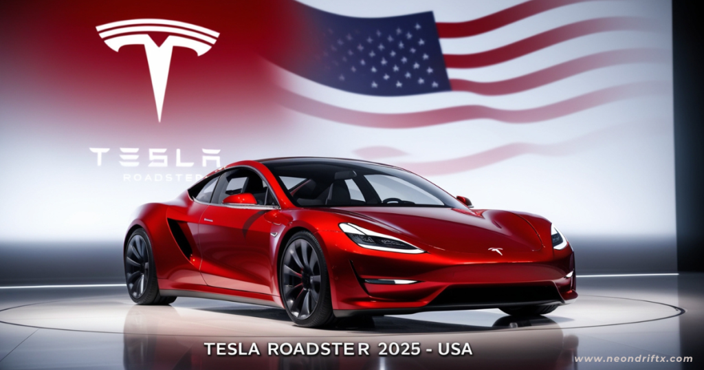 Top 5 Best Cars – Tesla Roadster 2025 electric supercar with Tesla logo and USA flag in background, cinematic studio lighting