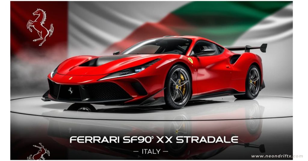 Top 5 Best Cars – Ferrari SF90 XX Stradale 2025 hybrid supercar with Ferrari logo and Italian flag in background, red race styling