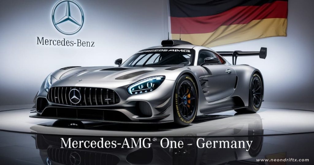 Top 5 Best Cars – Mercedes-AMG One 2025 hybrid hypercar with Mercedes logo and German flag in cinematic background, silver-gray F1 styling