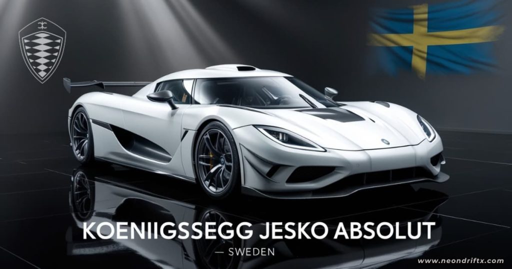 Top 5 Best Cars – Koenigsegg Jesko Absolut 2025 with Koenigsegg logo and Swedish flag in cinematic background, aerodynamic matte finish