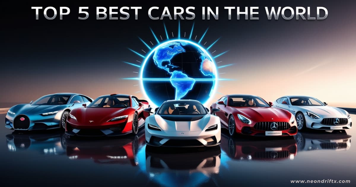 Lineup of the top 5 best cars in the world 2025 including Bugatti Tourbillon, Tesla Roadster, Ferrari SF90 XX, Mercedes-AMG One, and Koenigsegg Jesko Absolut with cinematic lighting and a glowing world globe background